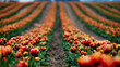 A field of orange and red tulips