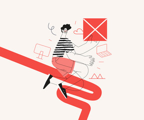 Wall Mural - Startup illustration. Flat line vector modern concept illustration of a young man, startup metaphor. Concept of building new business, planning and strategy, teamwork and management, company processes