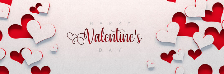 happy valentine's day text with cutout paper hearts on white background 3d rendering, 3d illustratio