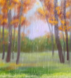 Autumn landscape in the park in the rain with trees. Digital illustration