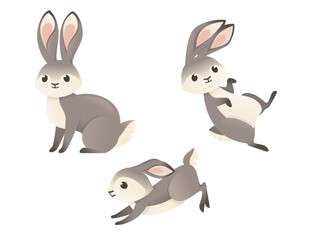 Wall Mural - Set of cute grey rabbit sitting on ground cartoon animal design flat vector illustration isolated on white background