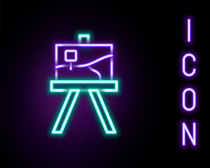 Poster - Glowing neon line Wood easel or painting art boards icon isolated on black background. Colorful outline concept. Vector