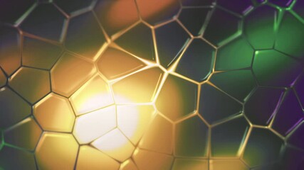 Poster - Abstract digital futuristic surface with transforming hexagons. Motion. Yellow glowing circle surrounded by green and purple flares with spinning hexagons.