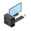 Desktop computer with monitor system unit and mouse isometric illustration