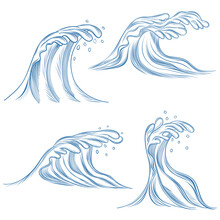 Hand Drawn Ocean Waves. Sketch Sea Waves Tide Splash, Surfing Storm Wind Water Doodle Vintage Elements