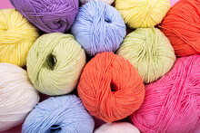 Closeup Of Multicolored Balls Of Knitting Yarn