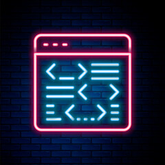 Glowing neon line Software, web developer programming code icon isolated on brick wall background. Javascript computer script random parts of program code. Colorful outline concept. Vector