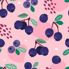 Seamless pattern with purple berry. Abstract fruits in contemporary style. Blueberry, rowan, aronia natural vegan print. Vector graphics.