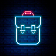 Sticker - Glowing neon line School backpack icon isolated on brick wall background. Colorful outline concept. Vector