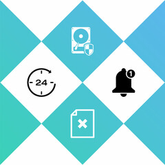Poster - set clock 24 hours, delete file document, hard disk drive hdd protection and bell icon. vector
