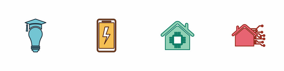 Sticker - Set Light bulb and graduation cap, Mobile charging battery, Smart home and icon. Vector