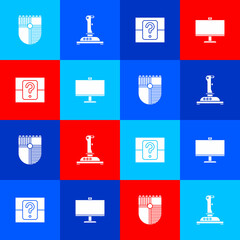 Poster - Set Shield for game, Joystick arcade machine, Mystery random box and Computer monitor icon. Vector