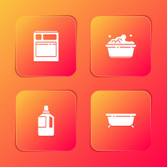 Wall Mural - Set Kitchen dishwasher machine, Plastic basin with soap suds, Fabric softener and Bathtub icon. Vector