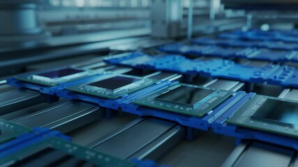 Shot of Production Line with Computer Processors on Electronics Factory. Microchip Production Process.