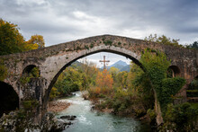Cangas De Onis Historic Medieval Roman Bridge With Sella River
