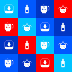 Canvas Print - Set Water drop, Spray can for hairspray, Cup of tea with tea bag and Essential oil bottle icon. Vector