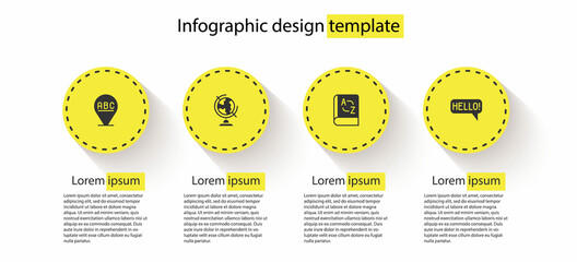 Poster - Set Alphabet, Earth globe, Translator book and Hello in different languages. Business infographic template. Vector