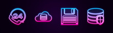 Set Line Telephone 24 Hours Support, Cloud Database, Floppy Disk And Database Protection. Glowing Neon Icon. Vector