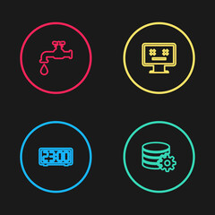 Poster - set line digital alarm clock, setting database server, dead monitor and water tap icon. vector