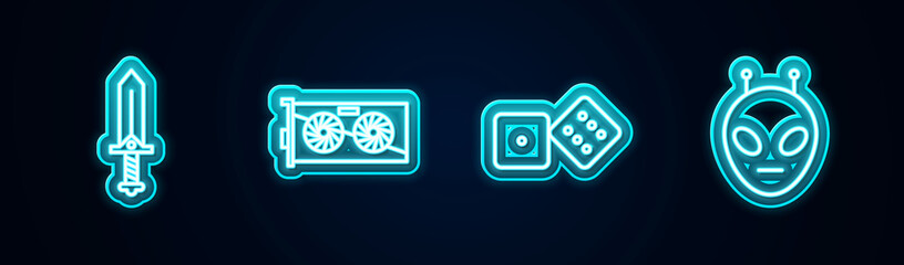 Poster - Set line Sword for game, Video graphic card, Game dice and Alien. Glowing neon icon. Vector