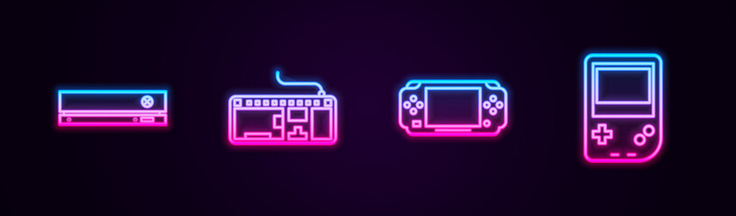 Wall Mural - Set line Video game console, Computer keyboard, Portable video and . Glowing neon icon. Vector