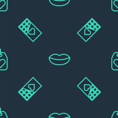 Sticker - Set line Smiling lips, Chocolate bar and Heart tag on seamless pattern. Vector