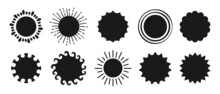 Sun Silhouette Stamp Black Stencil Set. Summer Symbol Suns Collection. Solar Shine Sun With Sunbeams. Isolated Abstract Sunny Vector Clipart Illustration White Background