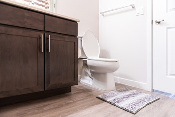 Empty bathroom interior nobody in new modern luxury apartment home house and white toilet with rug and door cabinets low angle view