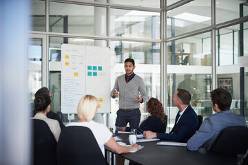 Poster - And that's everything in a nutshell. Shot of a young businessman explaining work related stuff during a presentation to work colleagues in a boardroom.