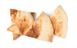 Cut fresh pita bread on white background, top view