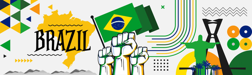 Wall Mural - Flag and map of Brazil with raised fists. National day or Independence day design for Brazilian celebration. Modern retro design with Rio landmarks abstract icons. Vector illustration.