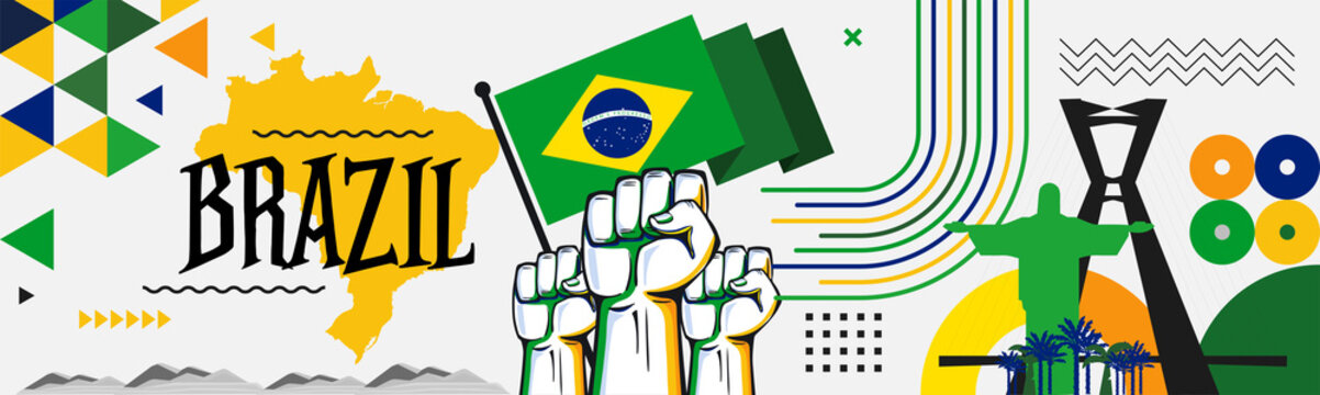 flag and map of brazil with raised fists. national day or independence day design for brazilian cele