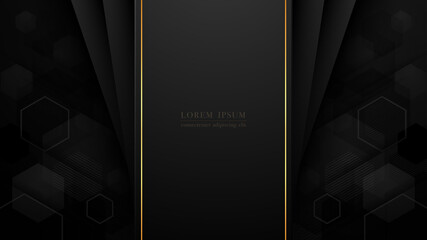 Wall Mural - background with abstract geometric pattern. black hexagon shapes with textured layers and golden lin