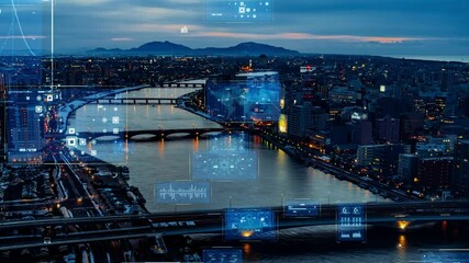 Poster - Modern city and communication network concept. IoT (Internet of Things). Smart city. Digital transformation.