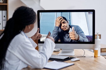 Aufkleber - Thanks for your help, doc. Shot of a young man showing thumbs up during a video call with a doctor on a computer.