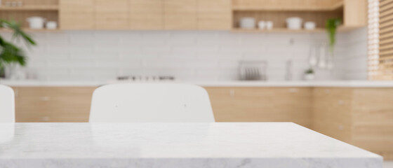 Close-up, Dining table with copy space over blurred minimal bright kitchen