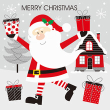 Christmas Card With Santa Claus And Gifts