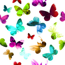 Seamless Rainbow Watercolor Background With Butterflies. Vector Illustration