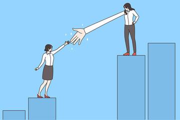 Wall Mural - Businesswoman stretch hand help female colleague climb stairs overcome difficulties in business. Woman employee aid assist worker with goal achievement. Teamwork concept. Vector illustration. 