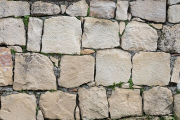 Aufkleber - Background of brown-gray stone wall with leaves and moss . Pattern of slate wall texture and background