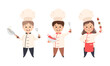 Children Chef in White Toque and Uniform Enjoying Culinary and Cookery Holding Shashlik on Skewer and Whisk with Bowl Vector Set