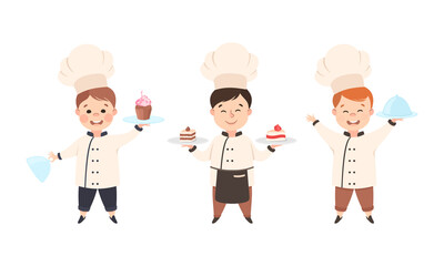 Poster - Children Chef in White Toque and Uniform Enjoying Culinary and Cookery Holding Cake and Tray with Served Dish Vector Set