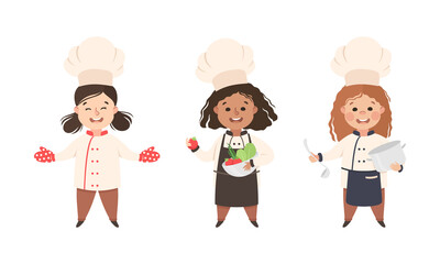 Poster - Children Chef in White Toque and Uniform Enjoying Culinary and Cookery Holding Pot and Bowl with Vegetable Vector Set