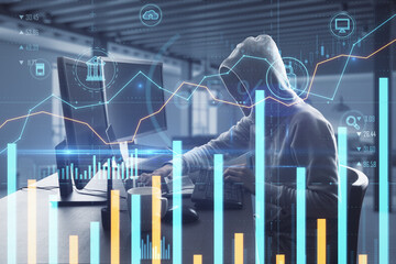 Poster - Hacker sitting at desktop using computer with creative glowing business chart on blurry office background. Online banking, safety, hacking and finance concept. Double exposure.