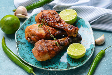 Plate with tasty cooked chicken drumsticks on color background