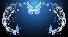 Fairytale Background With Magical Blue Butterflies And Bubbles, Flowers Ornate And Stars. Fantasy Sparkle Frame Consists Of Transparent Iridescent Balls, Floral Ornament And Copy Space.