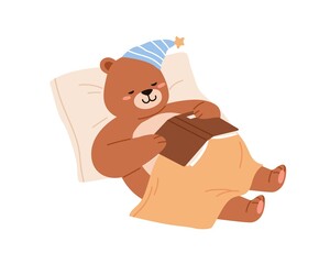 Poster - Cute bear sleeping. Funny teddy falling asleep, lying on pillow. Sweet baby animal in night cap napping with book. Sleepy child character. Kids flat vector illustration isolated on white background
