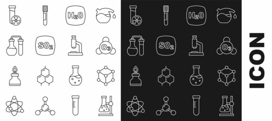 Set line Test tube flask on stand, Molecule, Ozone, Chemical formula H2O, Sulfur dioxide SO2, with toxic liquid and Microscope icon. Vector