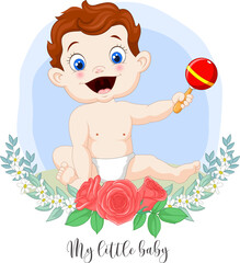 Sticker - Cartoon cute little baby boy with musical toy