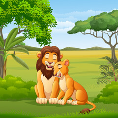 Poster - Cartoon lion and lioness in the jungle